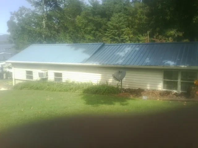 Blue metal roof running the length of a single story home in Bellevue